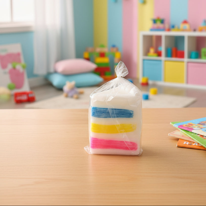 Cake slice squishy toy in a clear tied bag on a wooden table in a pastel playroom