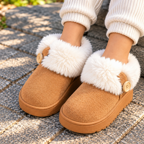 Child wearing camel faux suede slipper boots with a fluffy white cuff and wooden buttons