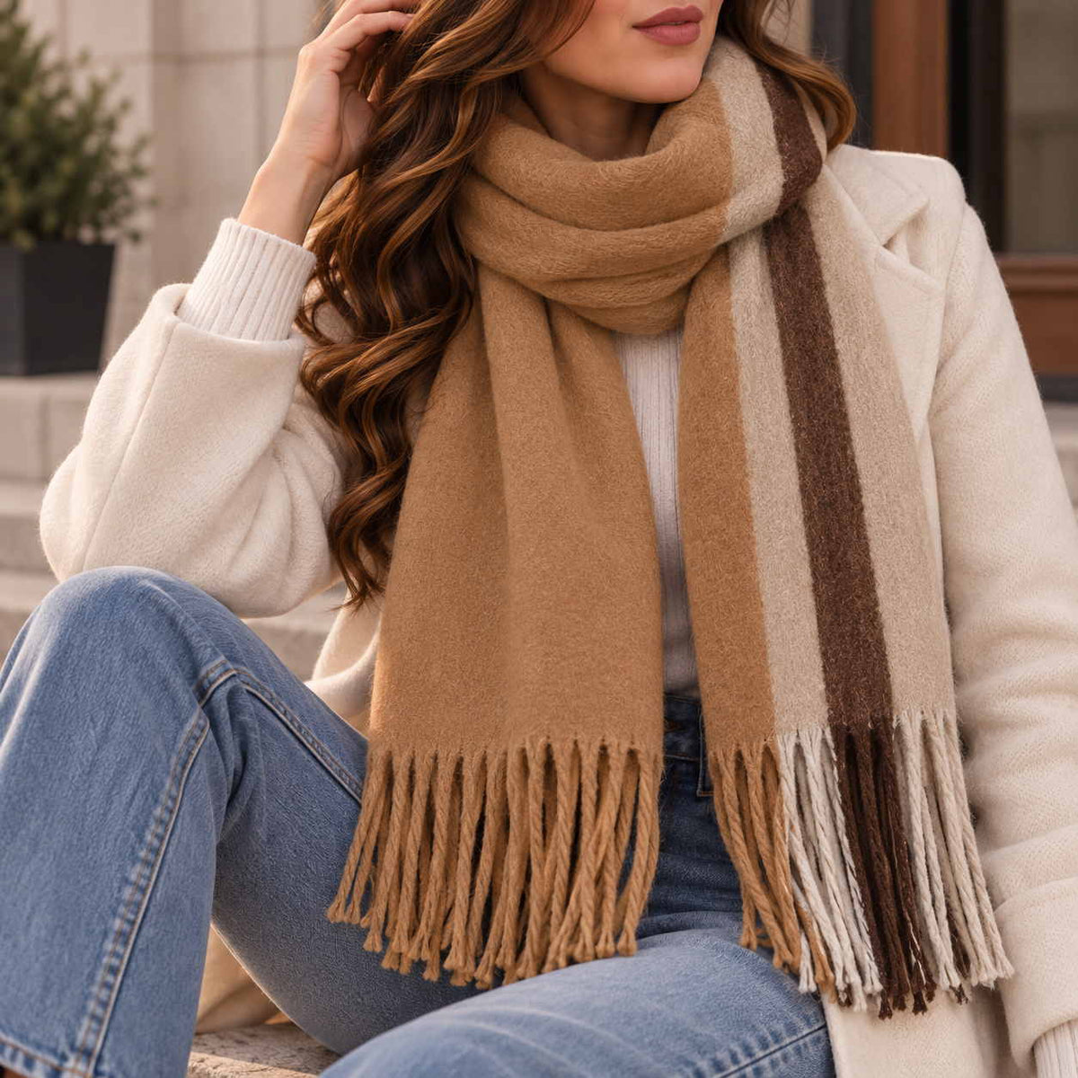 Camel blanket scarf with cream and dark brown edge stripes and long tassels