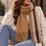 Camel blanket scarf with cream and dark brown edge stripes and long tassels