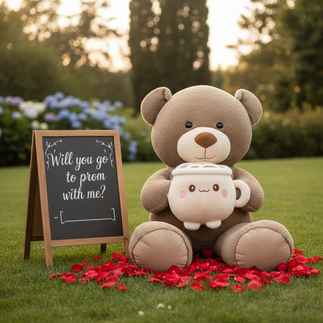 Mocha bear sitting on grass with the latte mug plush resting in its lap
