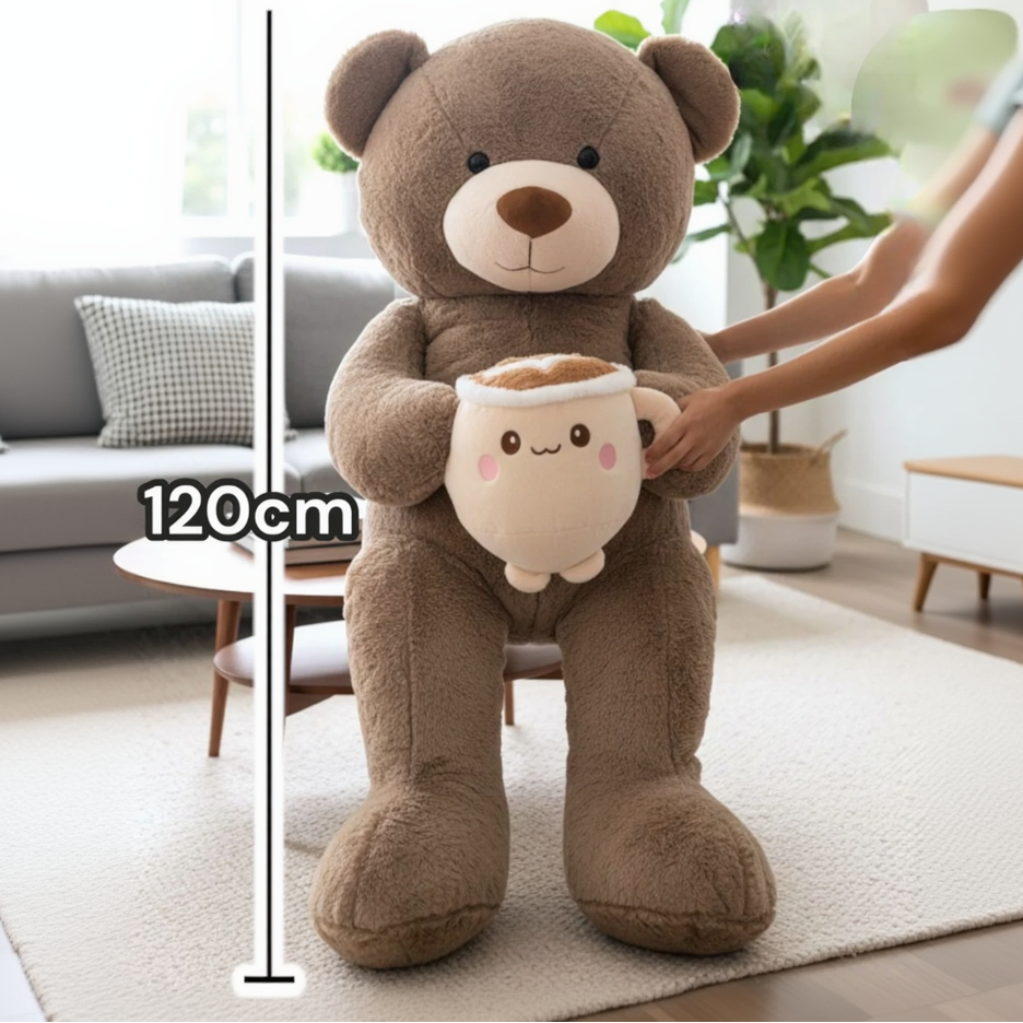 Height reference shot of the mocha bear at 120cm, cream muzzle and latte mug plush visible
