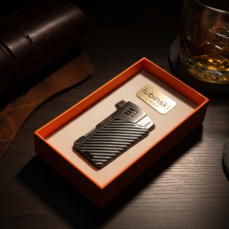 Carbon fiber cigar lighter in an orange box on a wooden surface with a glass of whiskey in the background