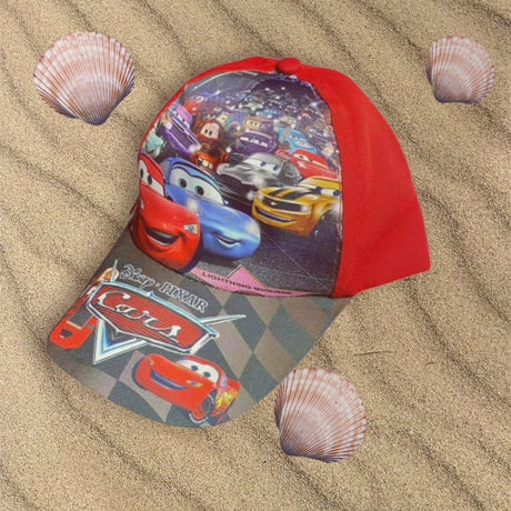 Red and grey race car cap on sand with a chequered flag brim design