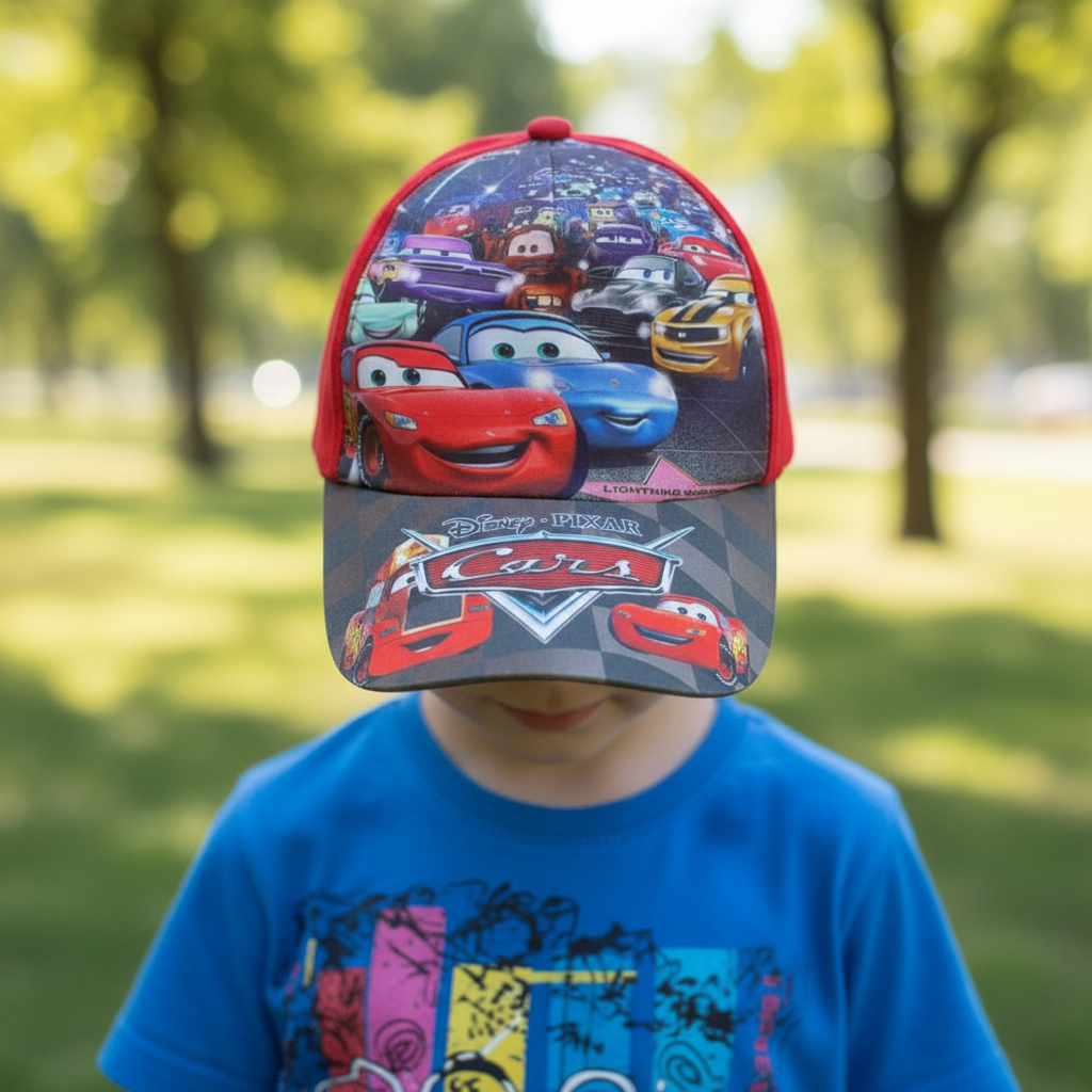 Red kids cap printed with racing cars on a starting grid, worn in a park