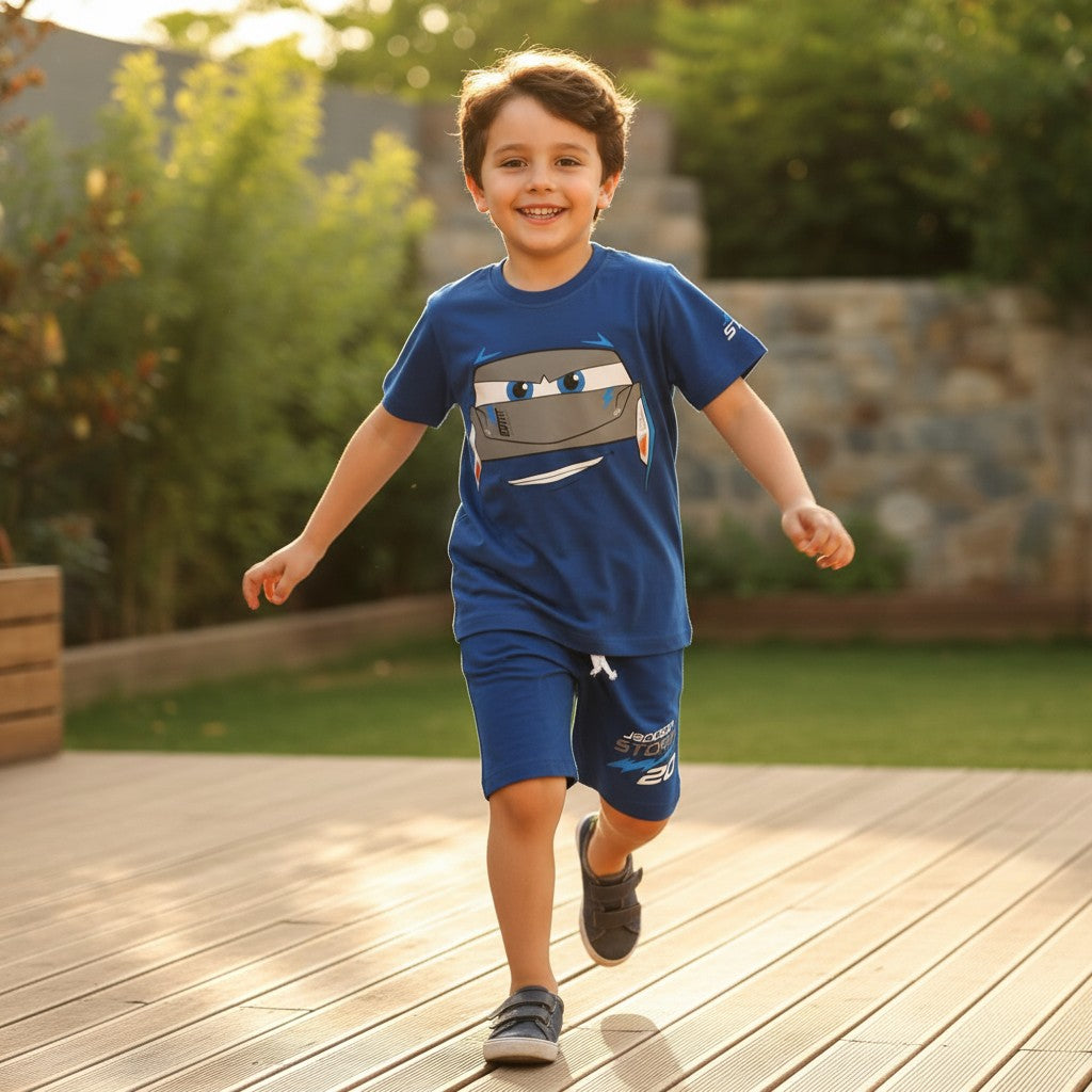 Child wearing a blue shirt with a car design, running on a wooden deck.