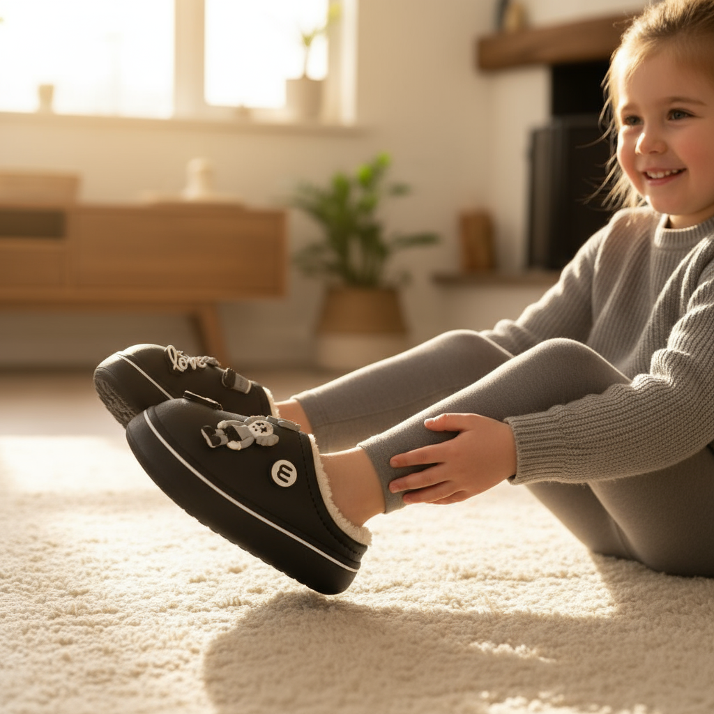 Girl sitting on a cream rug in black fur lined slippers with charms