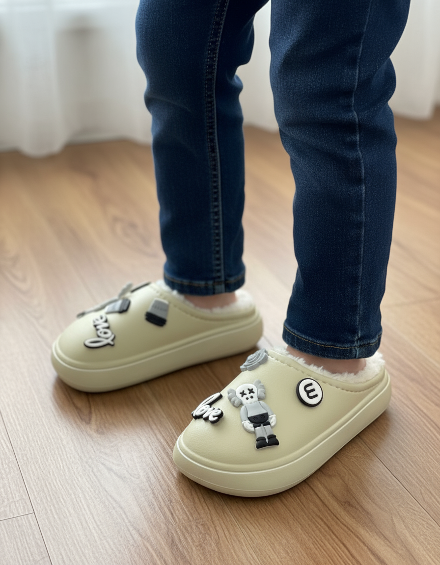 Cream slippers with charm details worn with jeans on a wooden floor