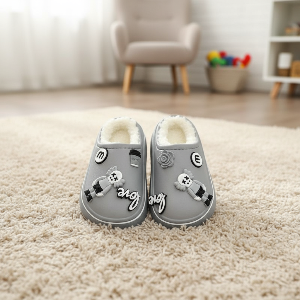 Grey mule slippers with cartoon figure and script charms on a rug