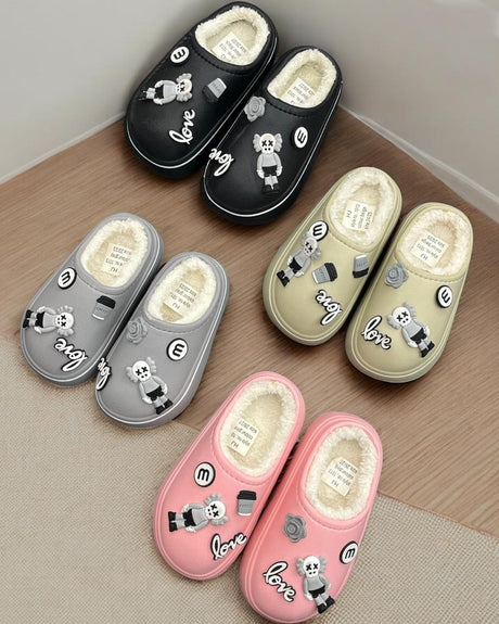 Kids fur lined mule slippers with charm details in four colours, Jack Gifts Online Lebanon