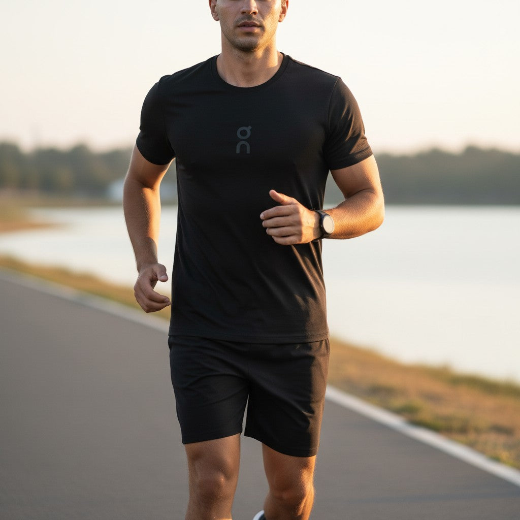 A man running on an outdoor path near water, wearing a black athletic t-shirt and matching black shorts