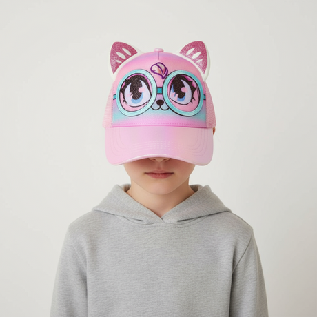 Child wearing a pink cat kids cap with 3D glitter ears and big printed eyes in round frames