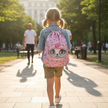 Kids pink cat print drawstring backpack, 25x35 cm, Jack Gifts Online Lebanon