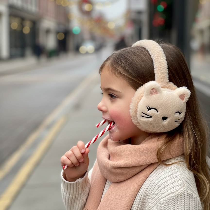 Cream plush cat ear muffs with pointed ears worn by a girl outdoors in winter