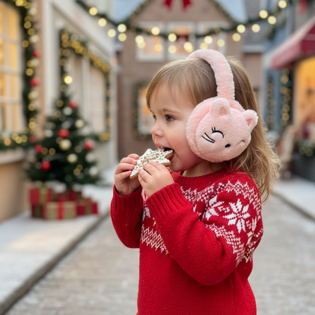 Pink furry cat ear muffs on a padded band worn by a toddler in a red winter jumper
