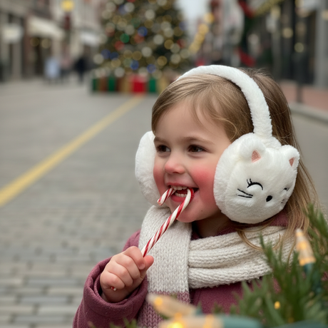 White cat ear muffs with embroidered closed eyes worn with a cream knitted scarf