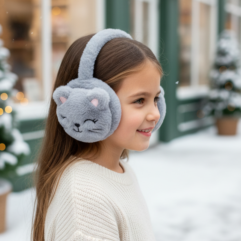 Grey plush cat face ear muffs with stitched whiskers worn by a girl in the snow