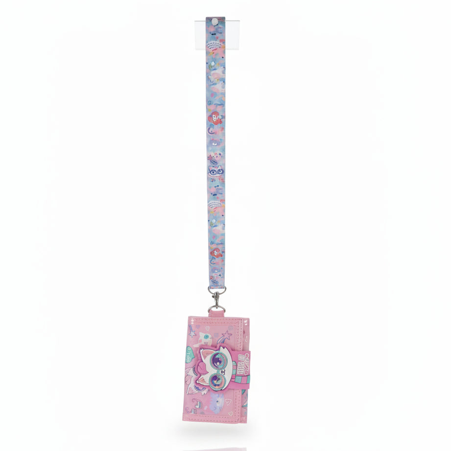 Pink trifold cat wallet with a 3D cat face in round sunglasses on a pastel printed neck lanyard