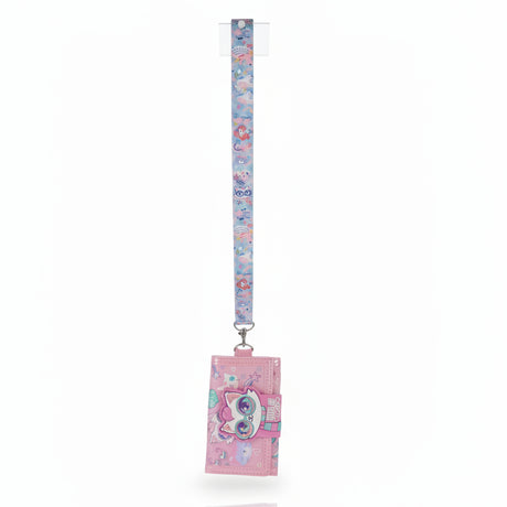 Pink trifold cat wallet with a 3D cat face in round sunglasses on a pastel printed neck lanyard