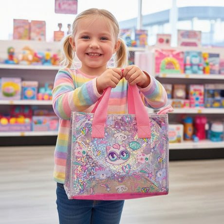 Smiling girl in a striped top holding an iridescent cat print tote inside a bright toy shop