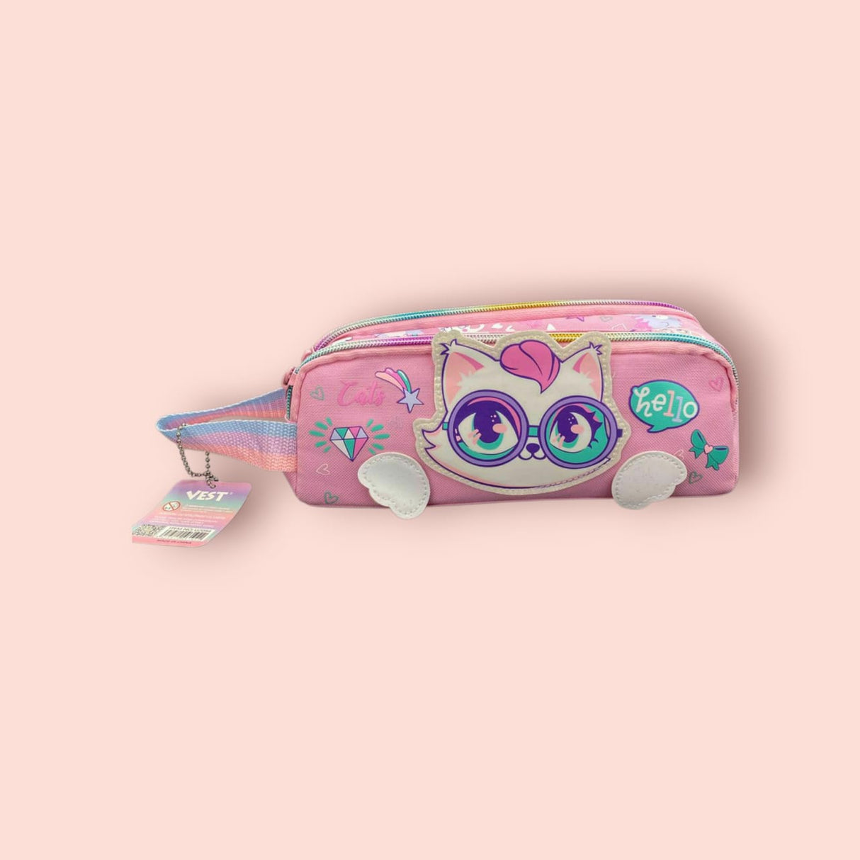 Pink pencil case with a cat character on a pink background