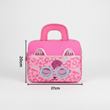 Pink cat tablet bag shown with 27cm width and 20cm height measurement labels