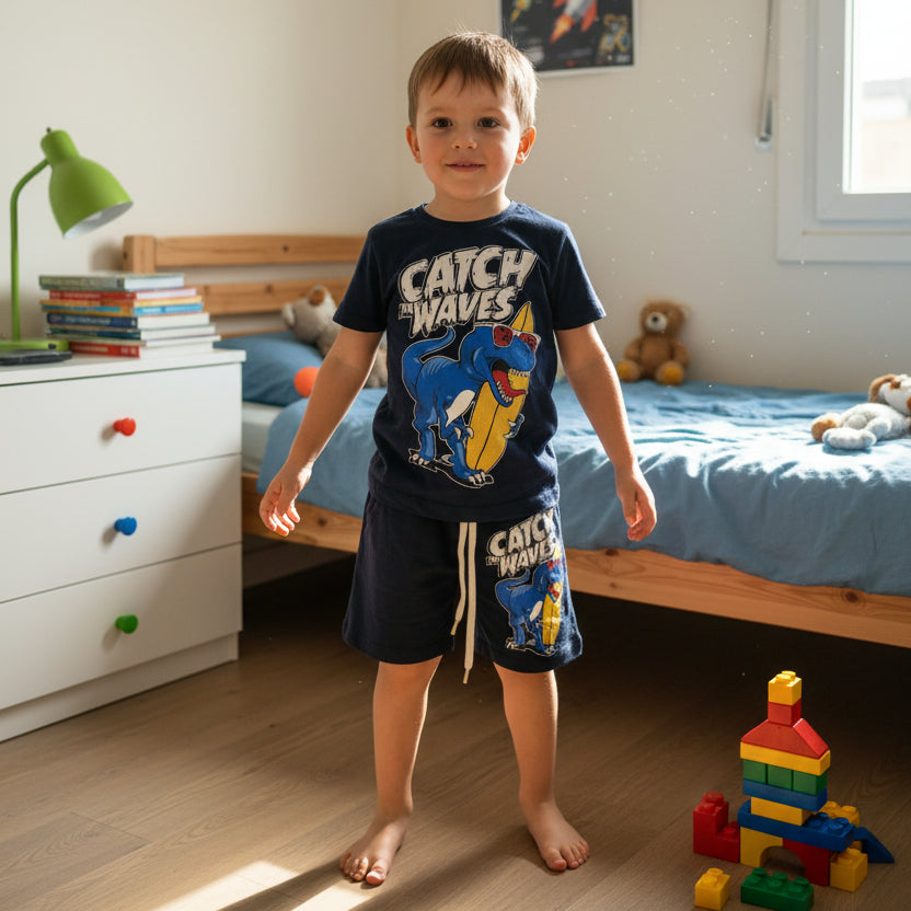 Boys navy two piece set with a surf dinosaur print tee and matching shorts, worn in a bedroom