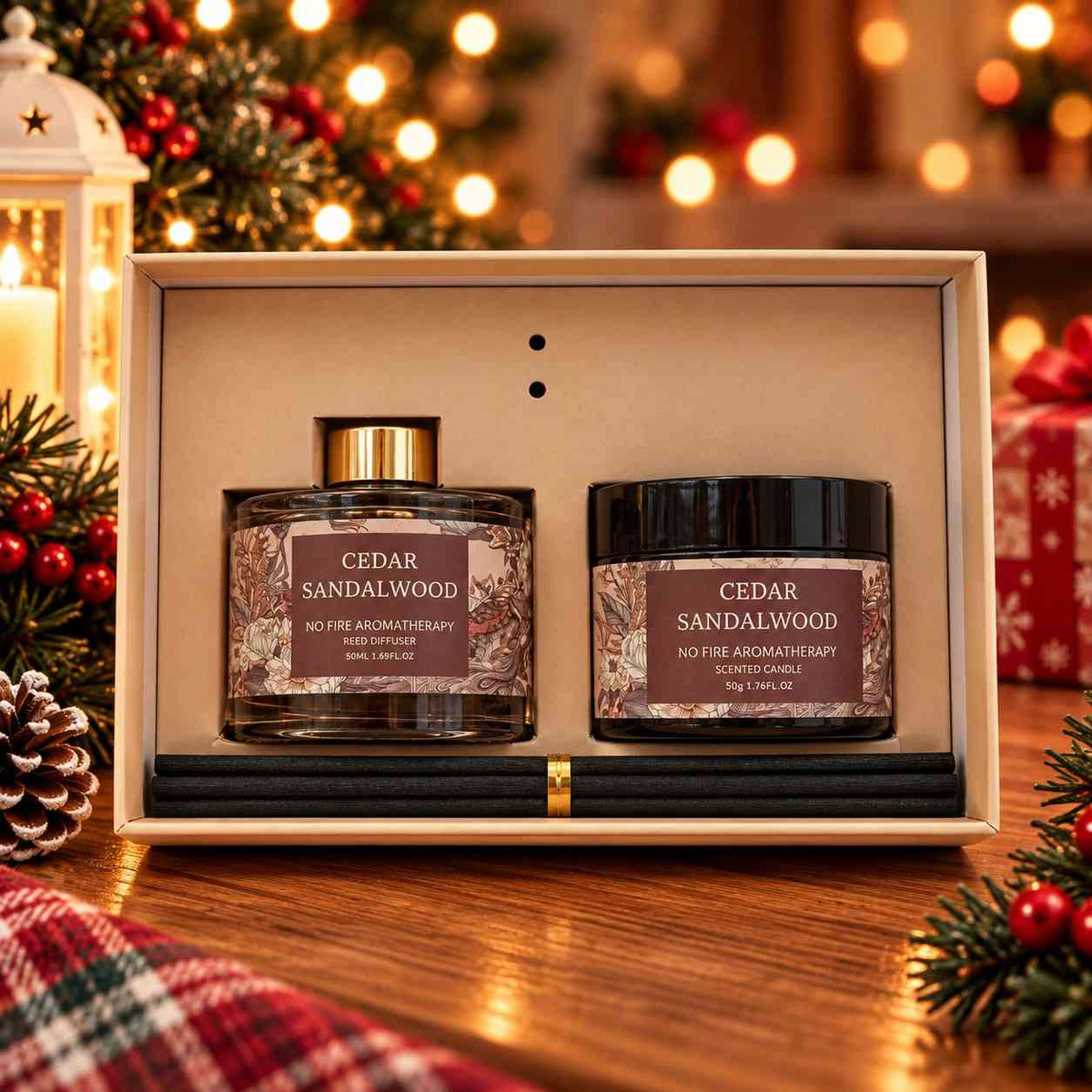Cedar sandalwood reed diffuser and scented candle with black reed sticks in a cream gift box