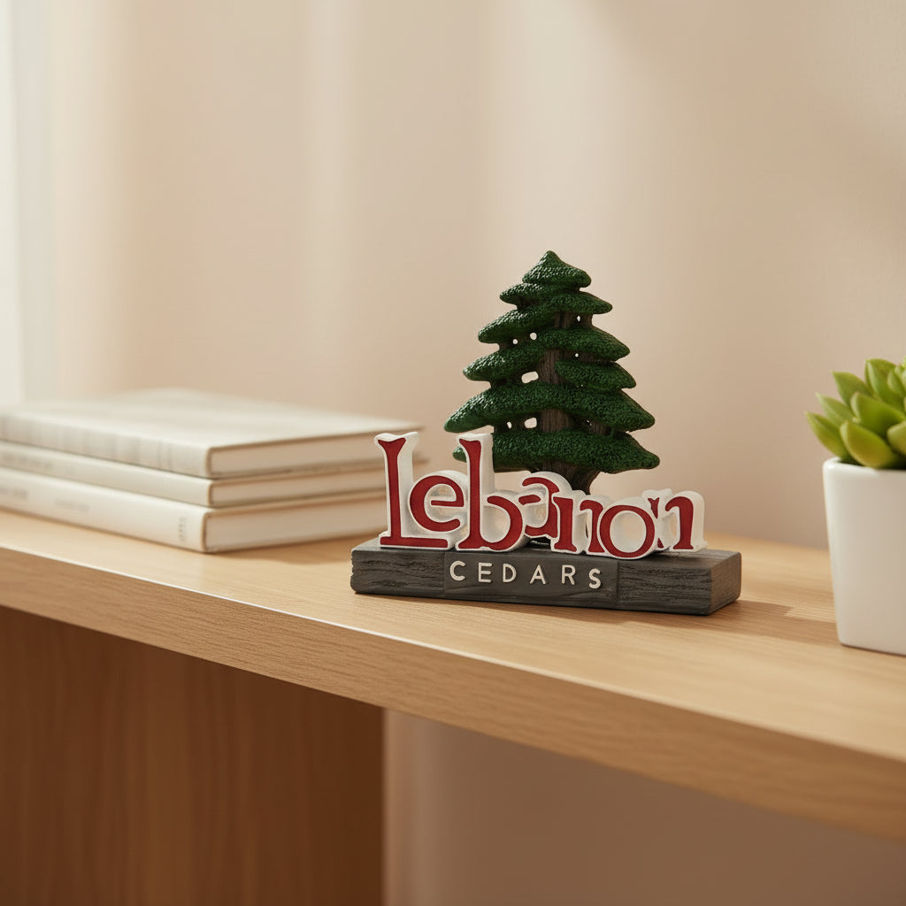Standing souvenir with a dark green cedar tree behind the word Lebanon in raised red