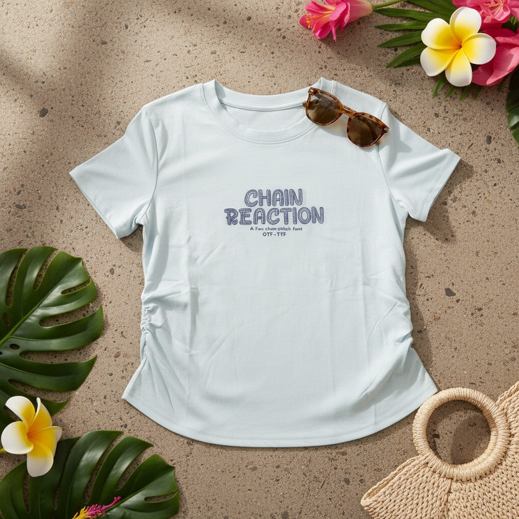 Light blue Chain Reaction tee flat lay with sunglasses and a straw bag