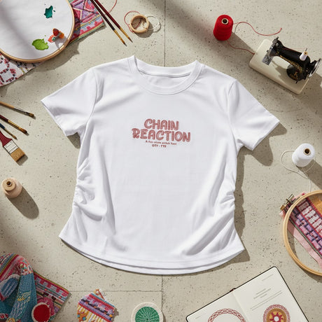 White version of the slogan tee laid out among craft supplies and paints