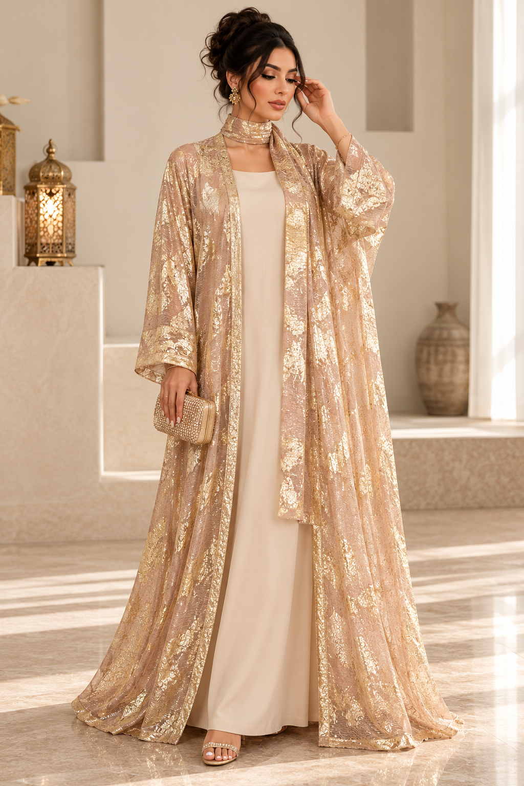 Woman in a champagne gold brocade open abaya over a cream maxi dress in an elegant arched room