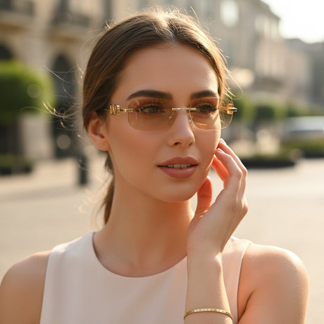 Womens rimless rectangular sunglasses with champagne tinted lenses and gold temples, Jack Gifts Online Lebanon