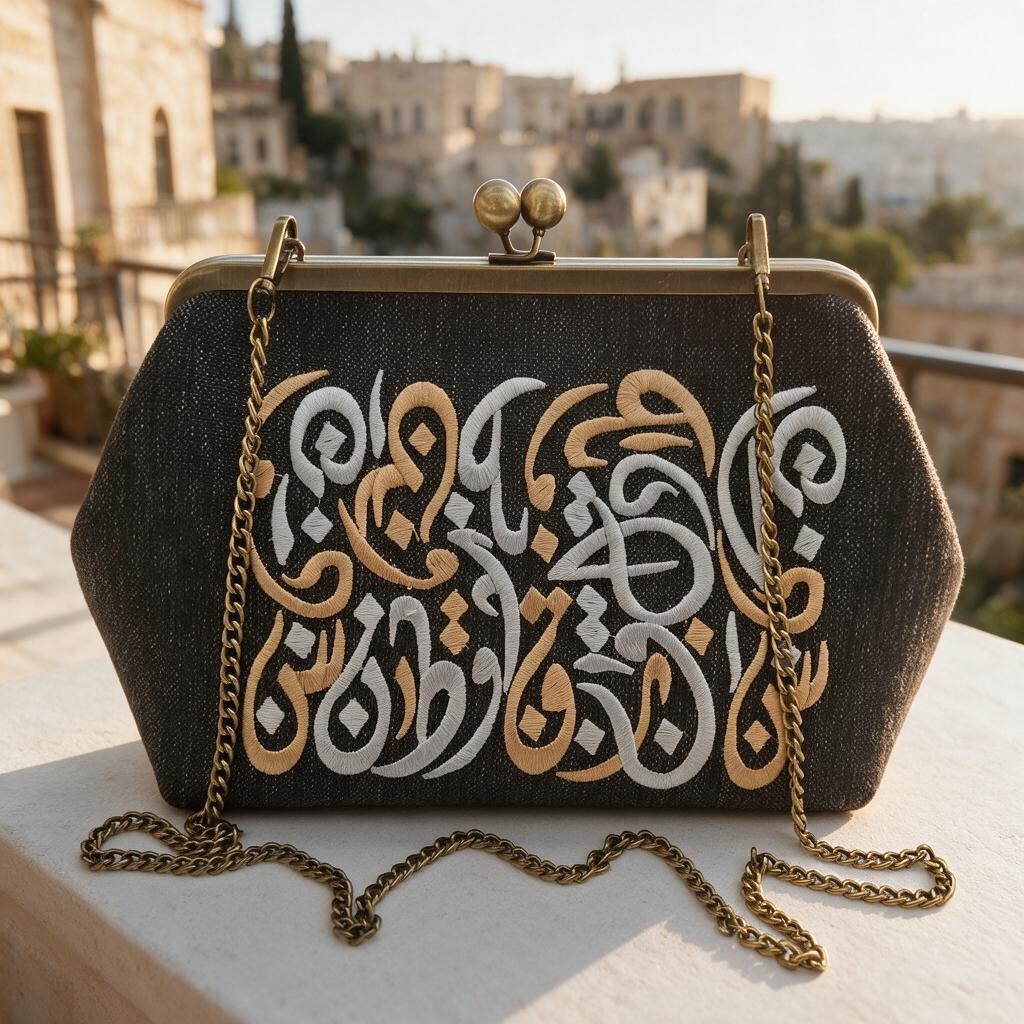 Charcoal clutch with white and gold Arabic calligraphy and a ball clasp, old stone town in the background