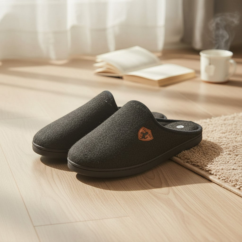 Pair of charcoal felt mule slippers on a wood floor showing the small leather crest