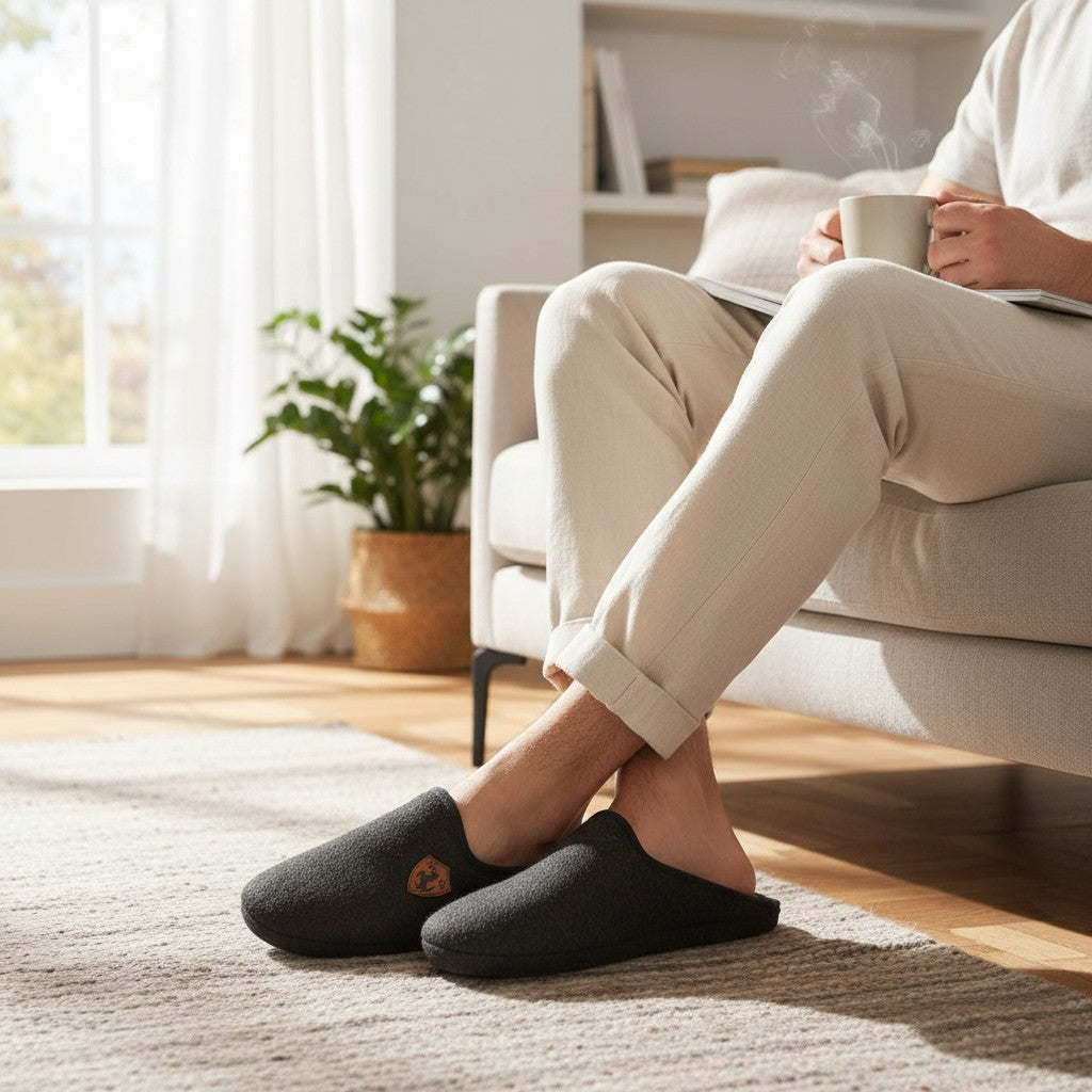 Charcoal felt mule slippers worn on a woven rug beside a sofa
