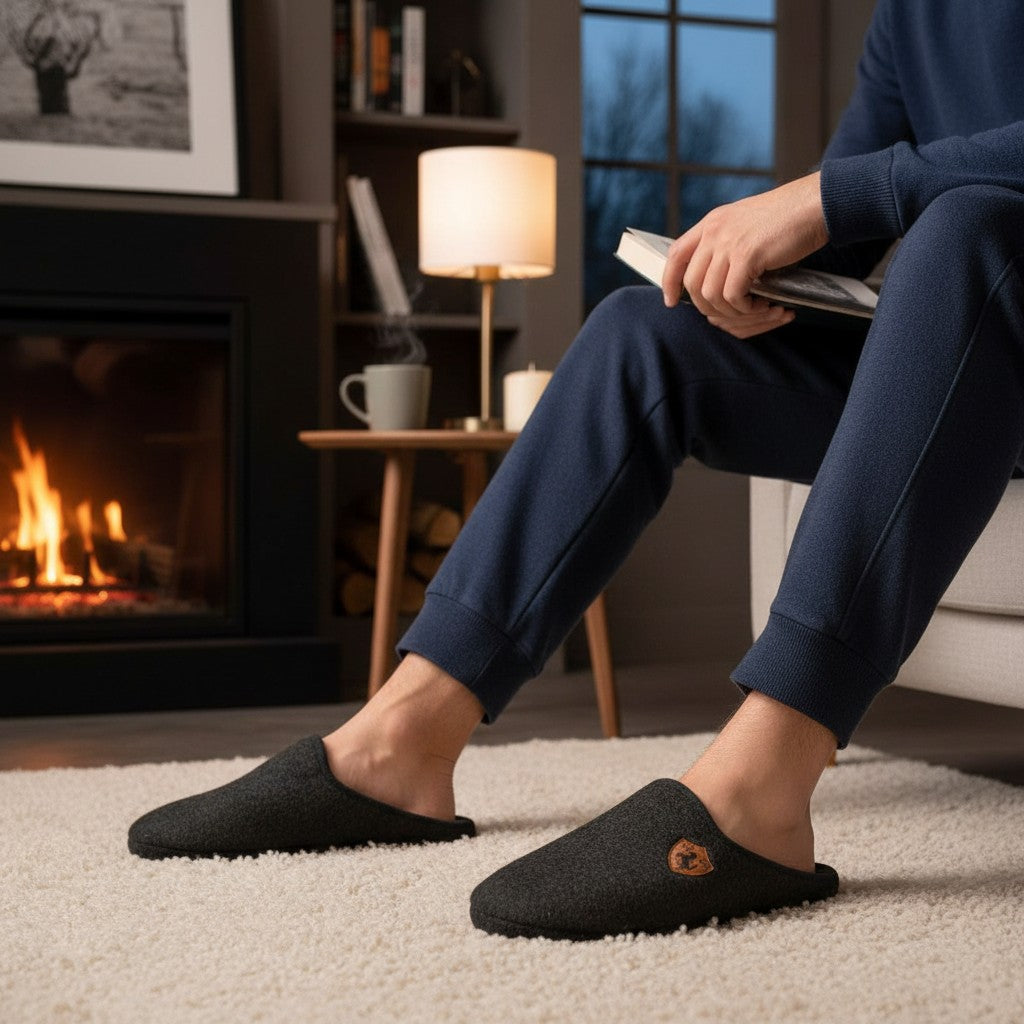 Man wearing charcoal felt mule slippers by a lit fireplace with a book