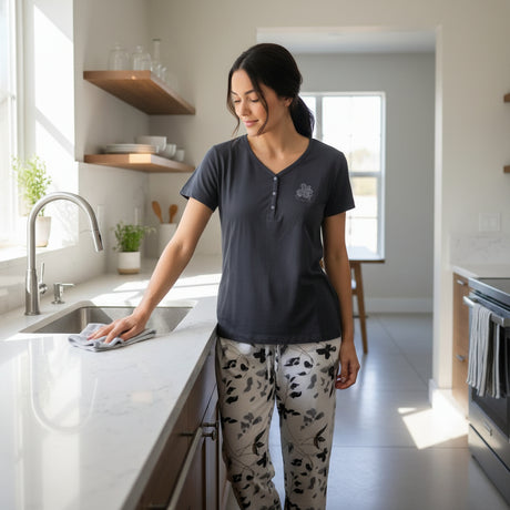 Woman wearing charcoal button V-neck top and black floral pants pyjama set in kitchen - Jack Gifts Lebanon