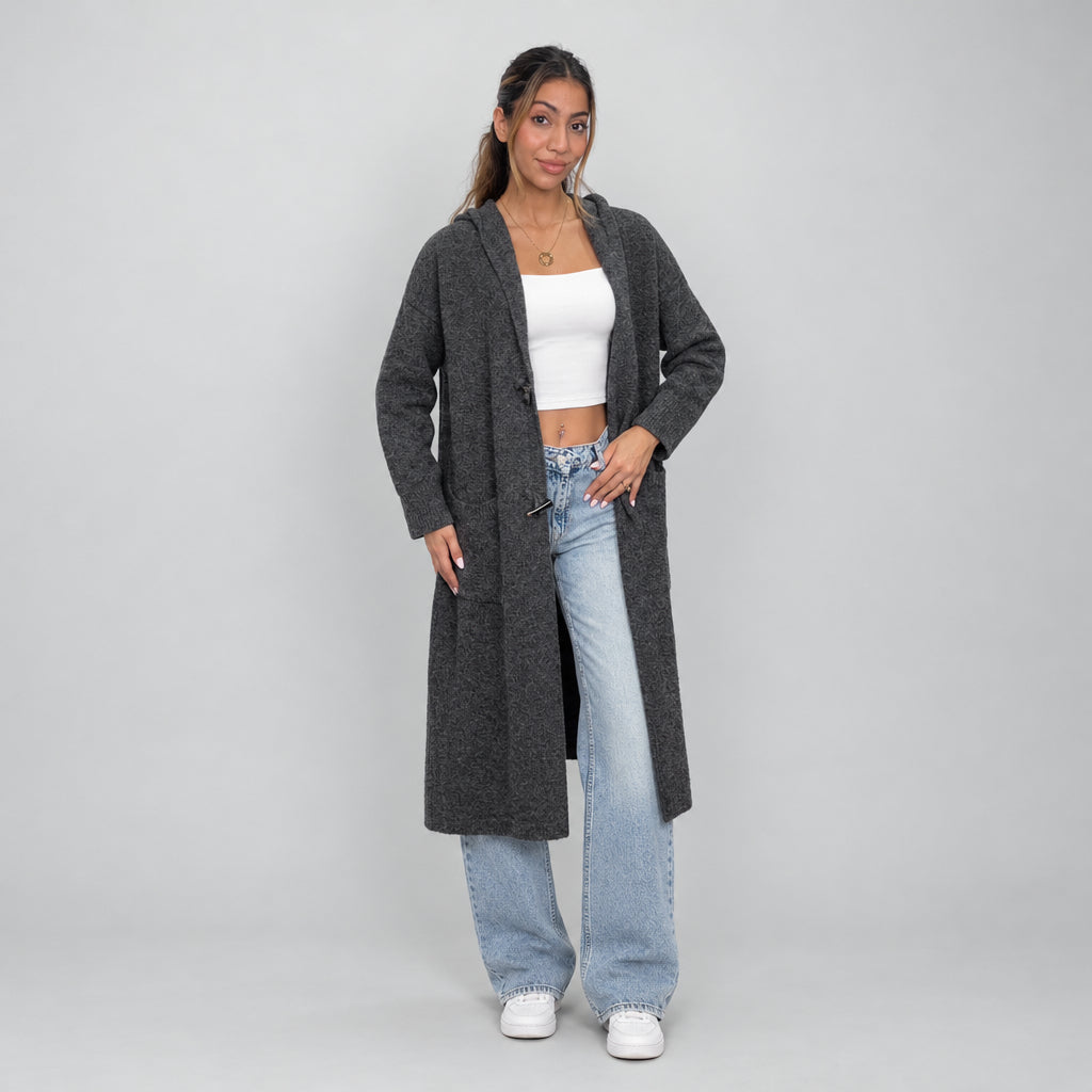 Full length view of a long charcoal knit cardigan with ribbed trim