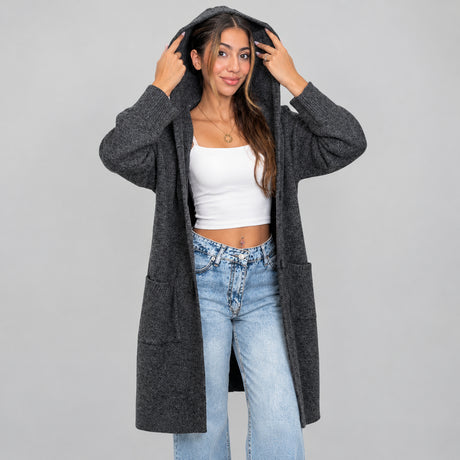 Long charcoal cardigan with the hood held up over the head