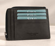 Dark charcoal leather card holder with three teal cards and a silver zip along the top