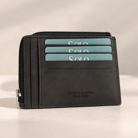 Dark charcoal leather card holder with three teal cards and a silver zip along the top