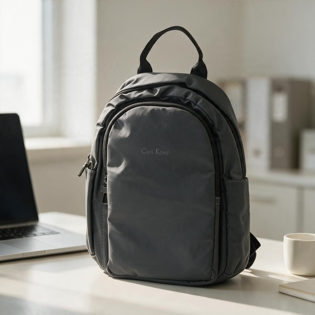 Charcoal mini backpack with a top handle and zip front pocket on an office desk beside a laptop