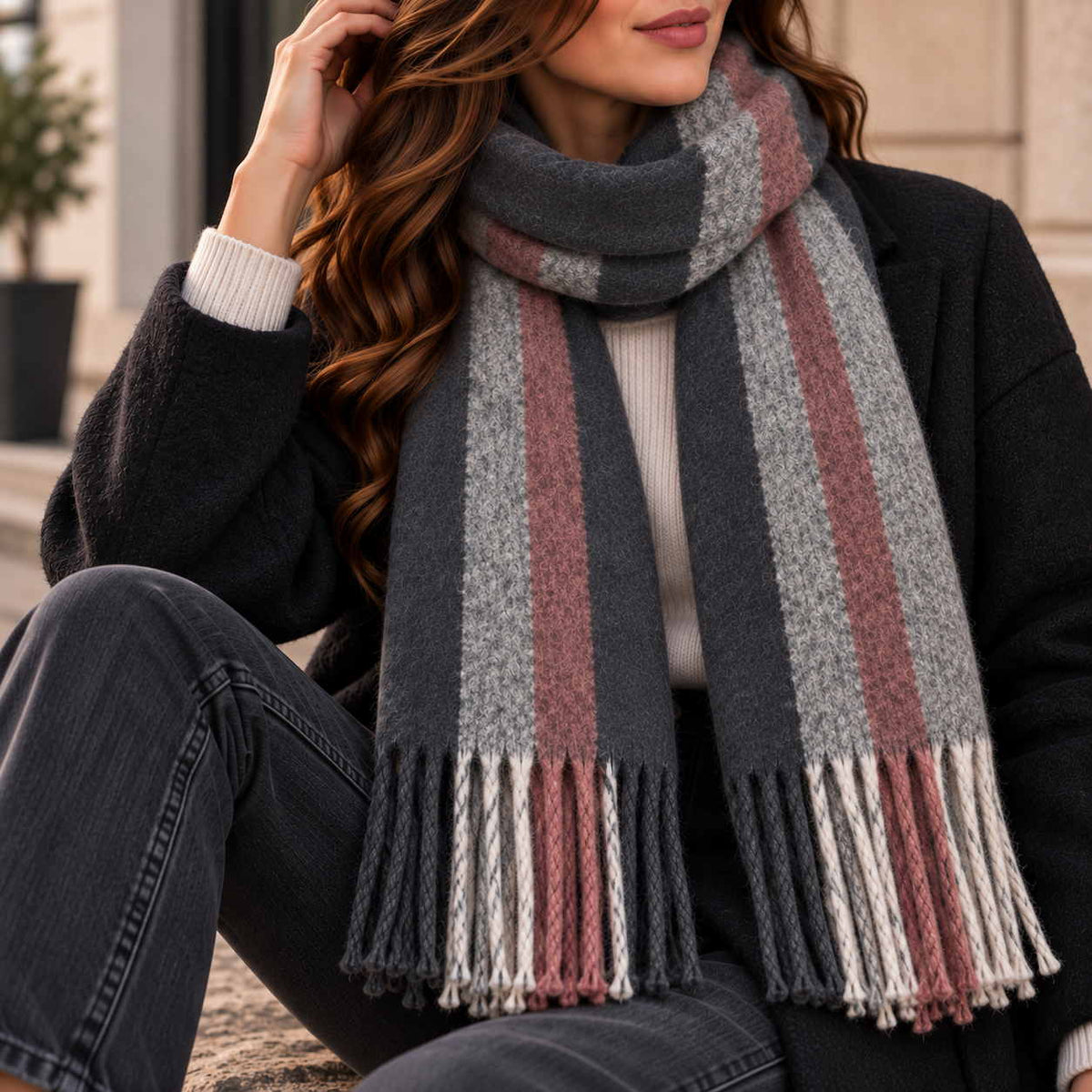 Charcoal, grey and dusty pink stripe scarf looped at the neck with twisted tassels