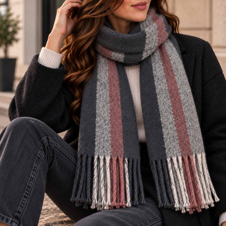 Charcoal, grey and dusty pink stripe scarf looped at the neck with twisted tassels