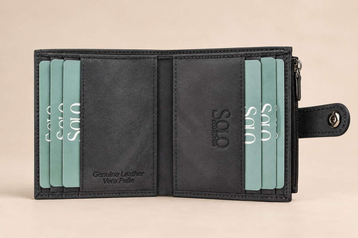 Charcoal nubuck interior lined with teal cards, the snap tab resting on the right edge