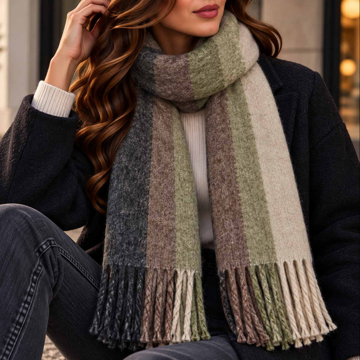 Blanket scarf in charcoal, taupe, sage and cream stripes with thick twisted tassels