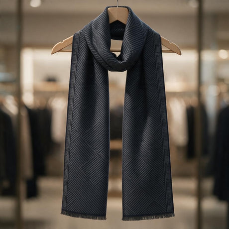 Charcoal grey scarf with a tonal geometric weave looped around a wooden hanger