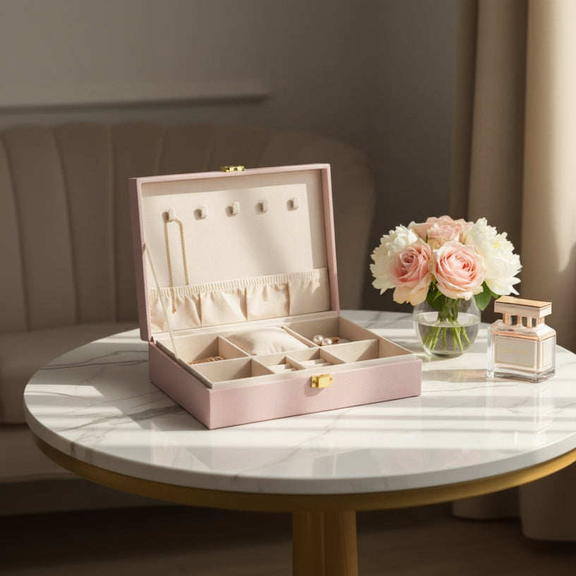 Light pink jewelry box open with a cream lined tray and a padded centre cushion