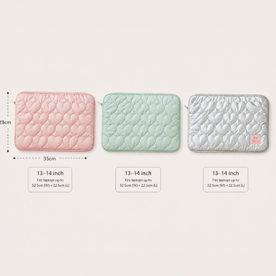 Three laptop sleeves in pink, green, and gray with measurements on a white background.